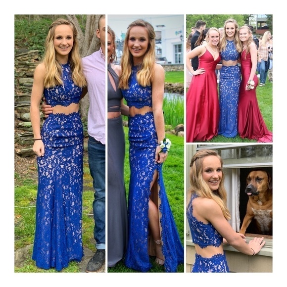 Coya COLLECTION Royal Blue Lace Crop Top Two Piece Prom Dress - Picture 1 of 16